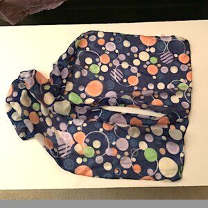 Blue multi-colored rectangle patterned scarf,  polyester blend, 64 inches long